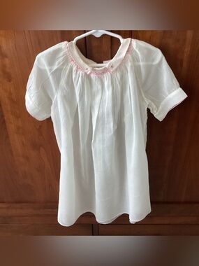 Antique off white/ white baby Bishop dress with delicate pink smocking